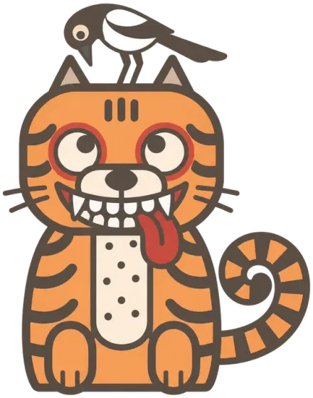 A cartoon tiger, tongue out, with a magpie standing on its head