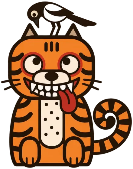 A cartoon tiger, tongue out, with a magpie standing on its head